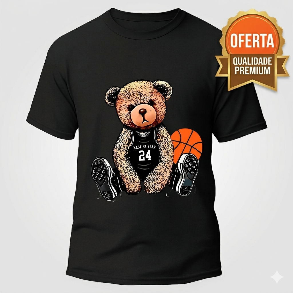 Camiseta Masculina Streetwear Estampa Urso Basquete Tumblr Camisa  Unissex Malha 100% Algodão