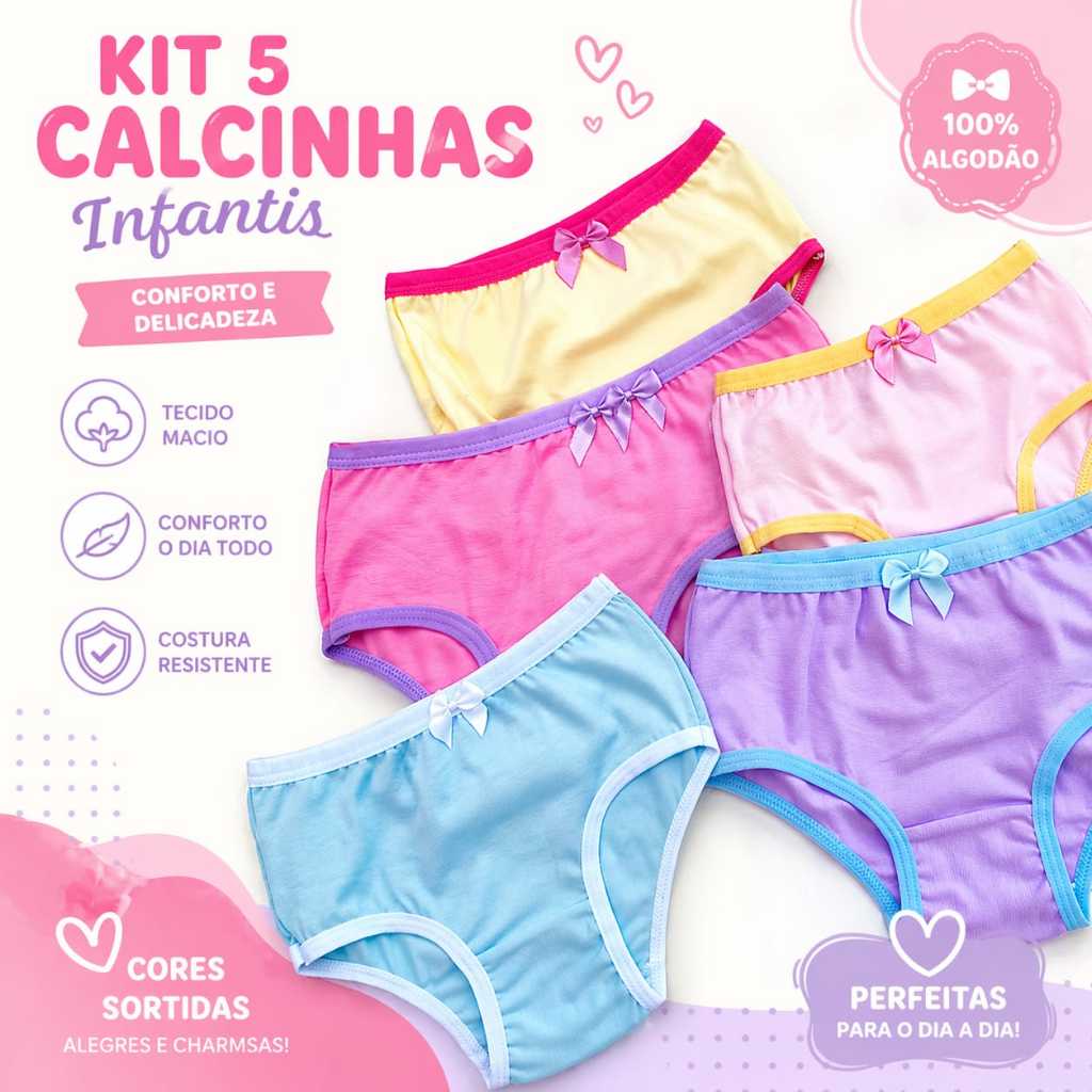 Kit 5 Calcinhas Menina Infantil 100% Algodão | Macias Confortáveis, Dia a Dia Com Forro Estampadas Desfralde 0 a 10 Anos