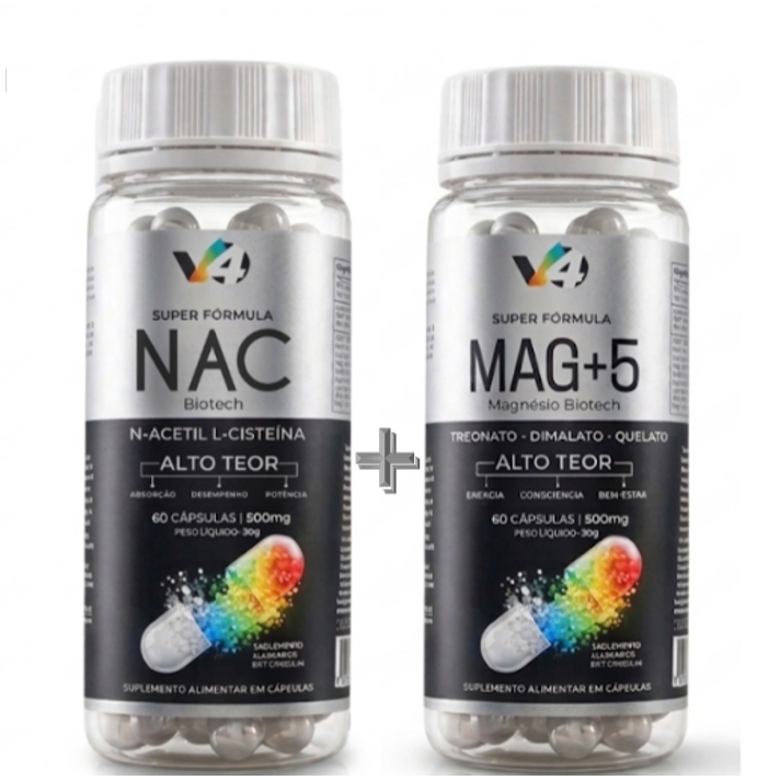 NAC + MAGNÉSIO Biotech  Super Formula V4 60 Cáps 500mg Antioxidante, Detox, Imunidade e Saúde