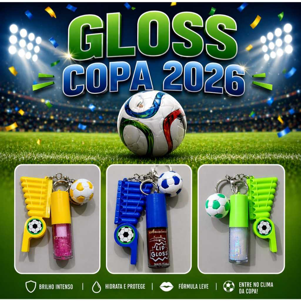 kit Gloss da Copa 2026 com Chaveiros de Apito, Moderno para Você torcer Pela nossa seleção