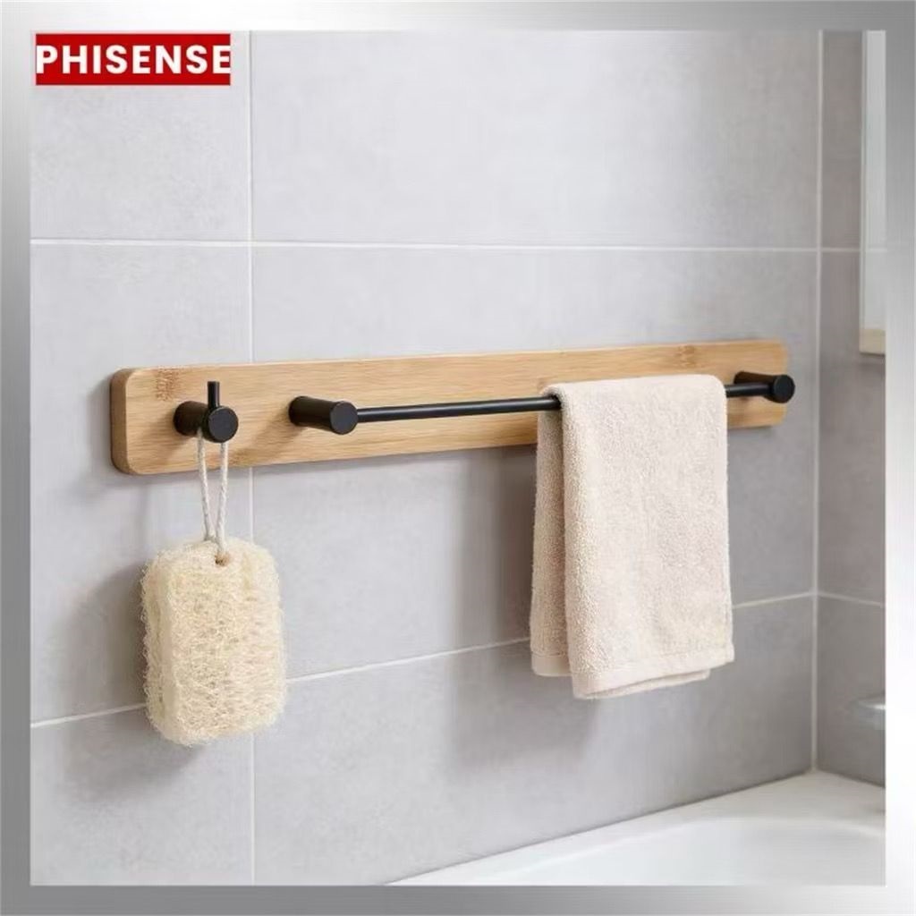 Porta Toalha 40cm Bambu e Metal Gancho  Para Banheiro Anti-Ferrugem