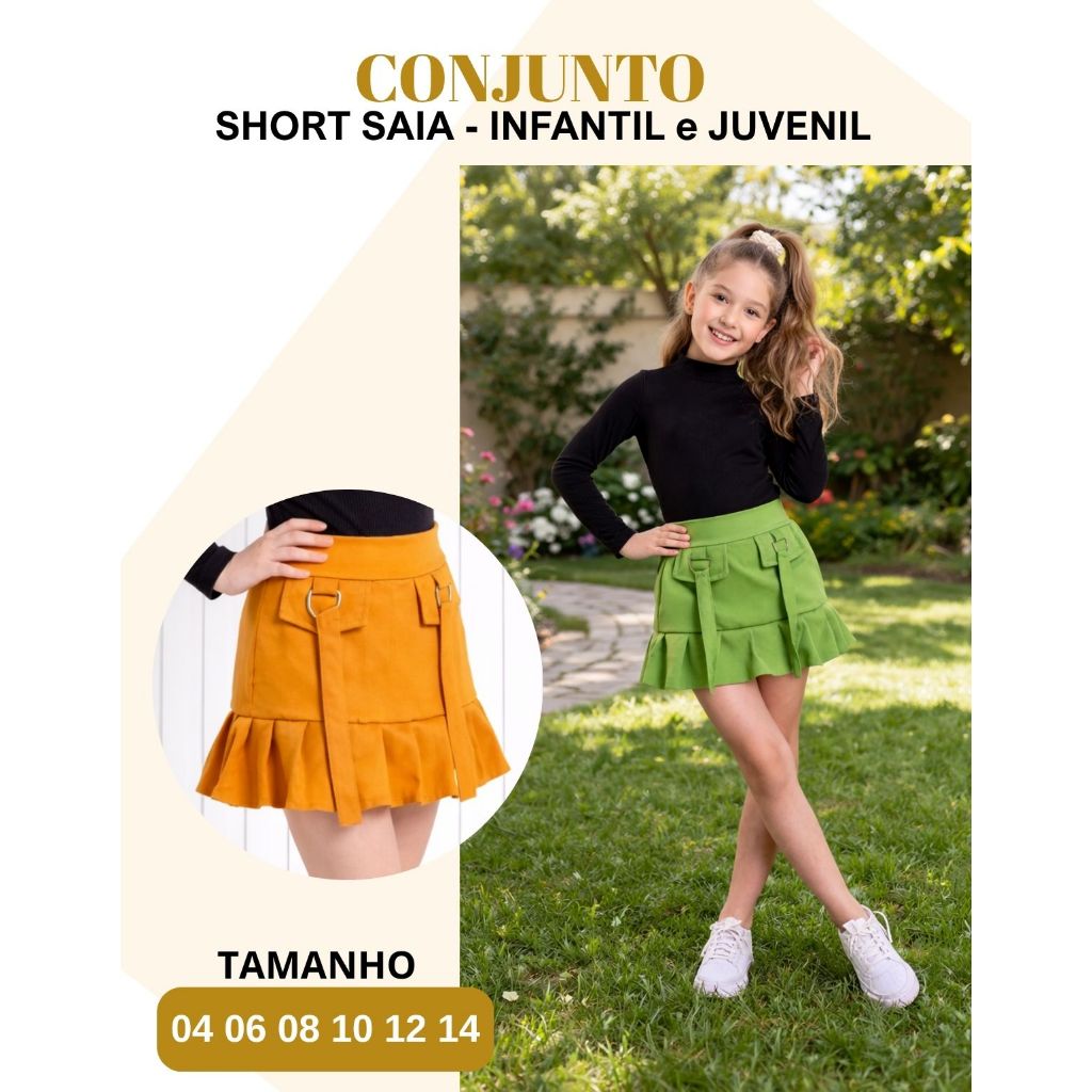Conjunto Blusa Manga Longa e Short Saia Babado Infantil Juvenil  Look Menina Passeio Festa