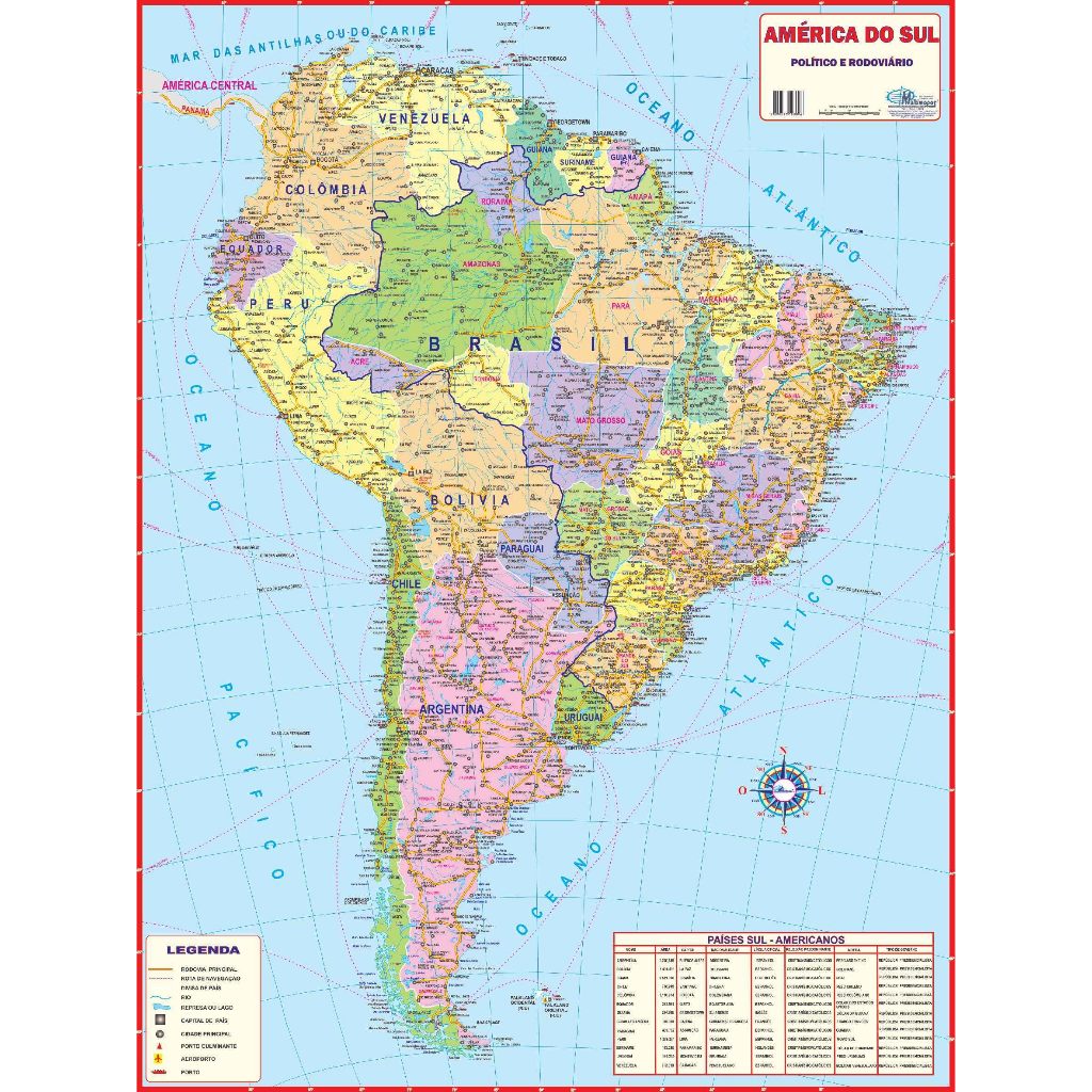 MAPA / POSTER DA AMÉRICA DO SUL - DIMENSÕES: LARGURA 89 CM X ALTURA 117 CM