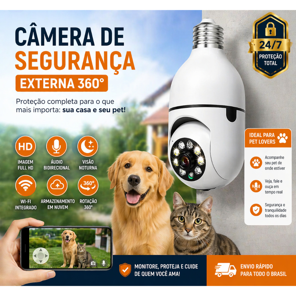 Câmera Lâmpada Segurança | Vigilância WiFi 360°| FullHD Bivolt | Visão Noturna | Humano e Pet | Sensor Movimento |