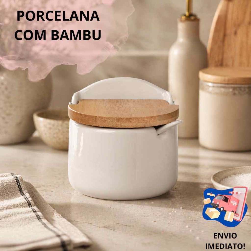 Saleiro Porcelana Tampa Bambu Porta Condimentos Cozinha Moderna Elegante Porta Condimentos Alho Sal