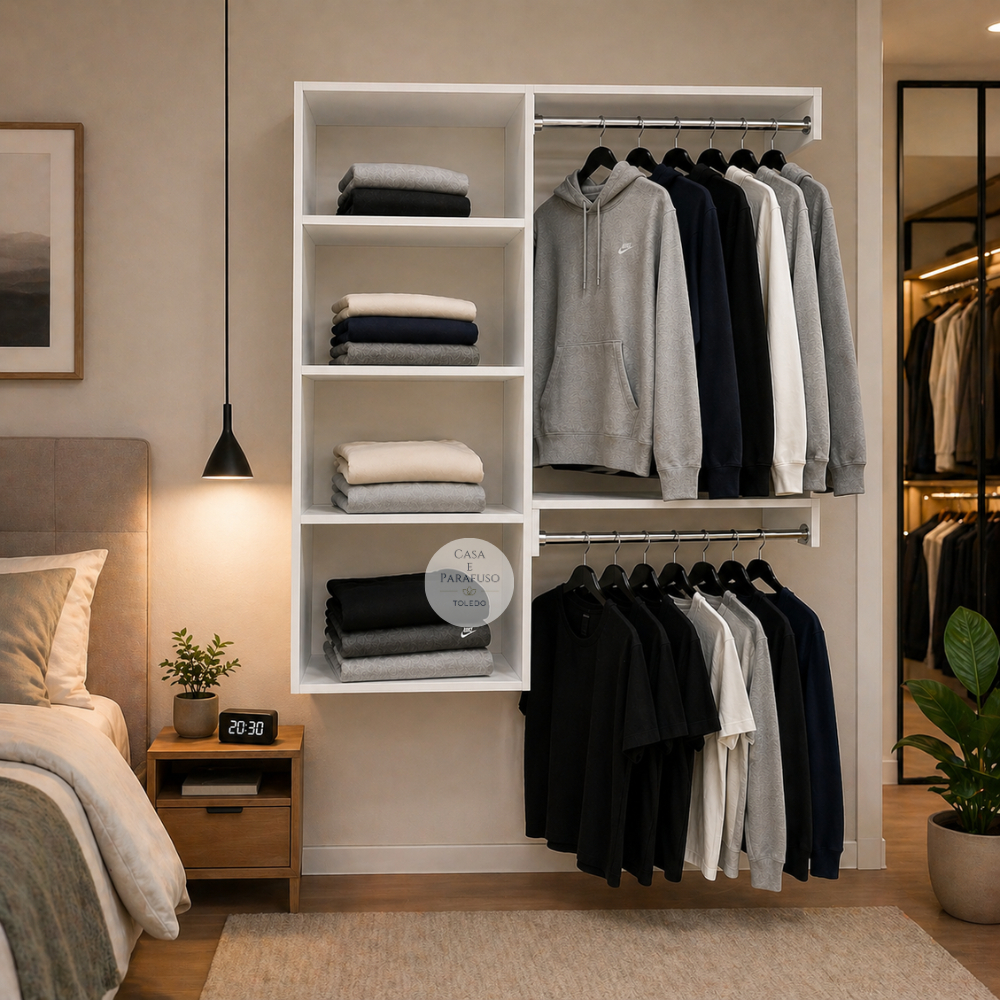 Closet Suspenso moderno Cabideiro Arara  De Parede Aberto - Closet 67