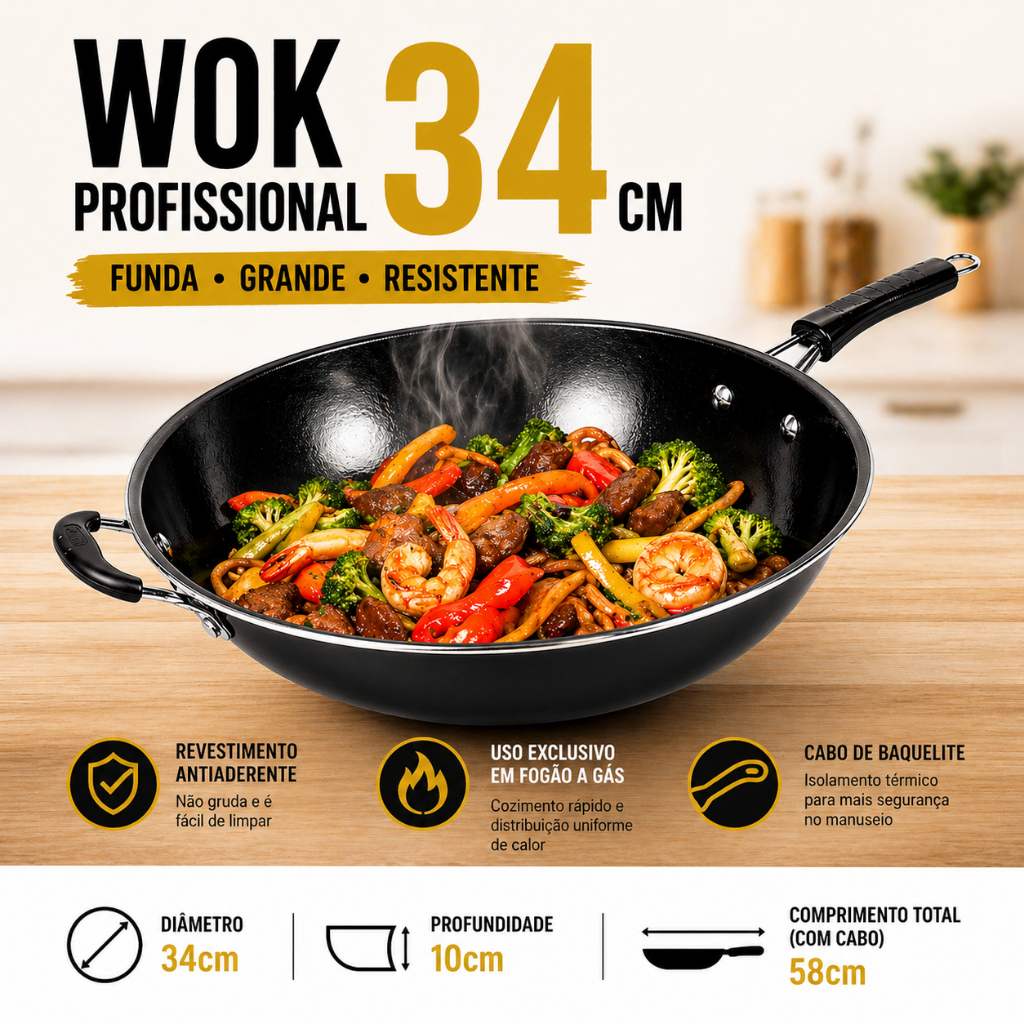 Imagem Frigideira Wok Profissional 34cm Funda Antiaderente Fratelli para Yakissoba Carne Peixe Legumes e Frutos do Mar