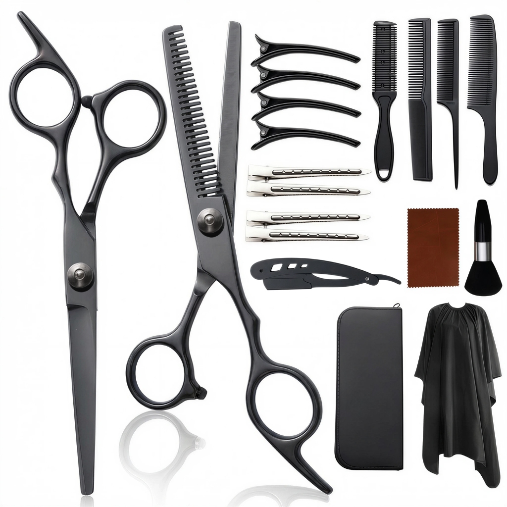 Kit Tesoura Profissional 19 Peças Corte e Desfiadeira com Navalha Estojo Organizador para Cabeleireiro e Barbearia