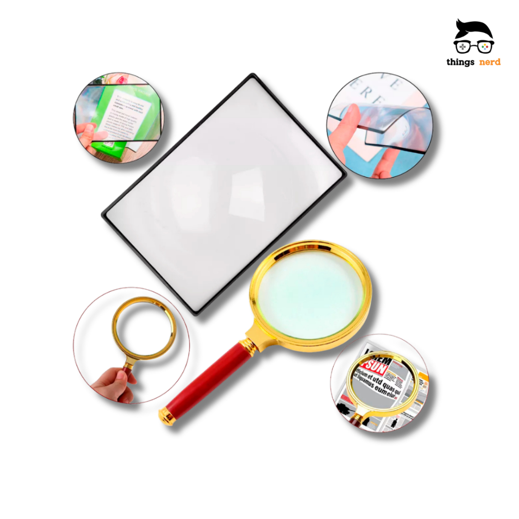 Kit Lupa Leitura De Mão 10x Zoom Dourado + Folha A5 3x Letras Pequenas Aumento Livro Idoso Luxo