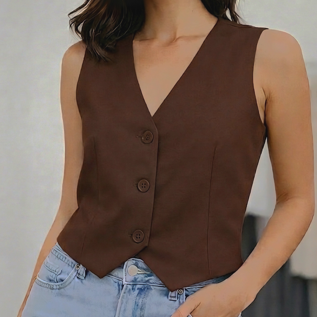 Colete Alfaiataria Decote V Feminino Com Botões Modas Elegante