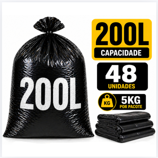 Saco de Lixo 200 Litros Super Reforçado 48 Unidades 5KG Alta Resistência Não Rasga Não Vaza Profissional