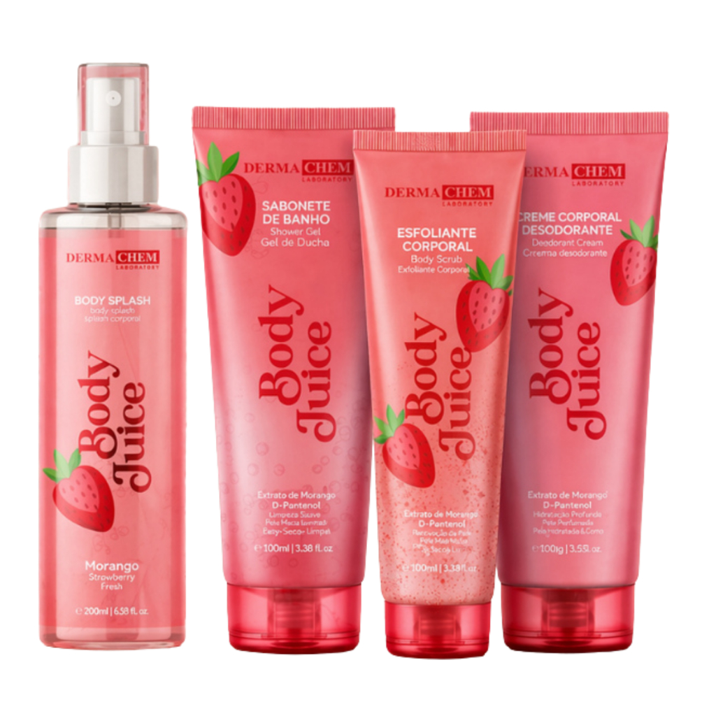 Kit Corporal Body Splash Juice Morango Para Cuidados Corpo Banho Esfoliante Creme