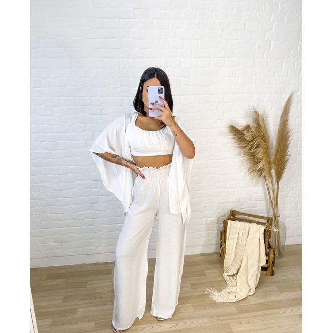 Conjunto Branco Cropped + Calça Pantalona Conjunto feminino liso no viscolinho branco