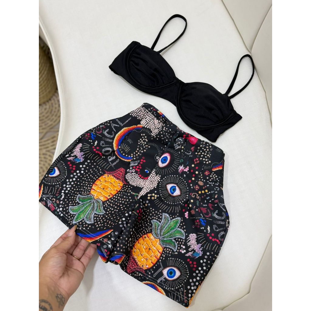 Short Inspiração Fa em Neoprene com botão, zíper e bolso short feminino estampado passaros tucano tendencia azul