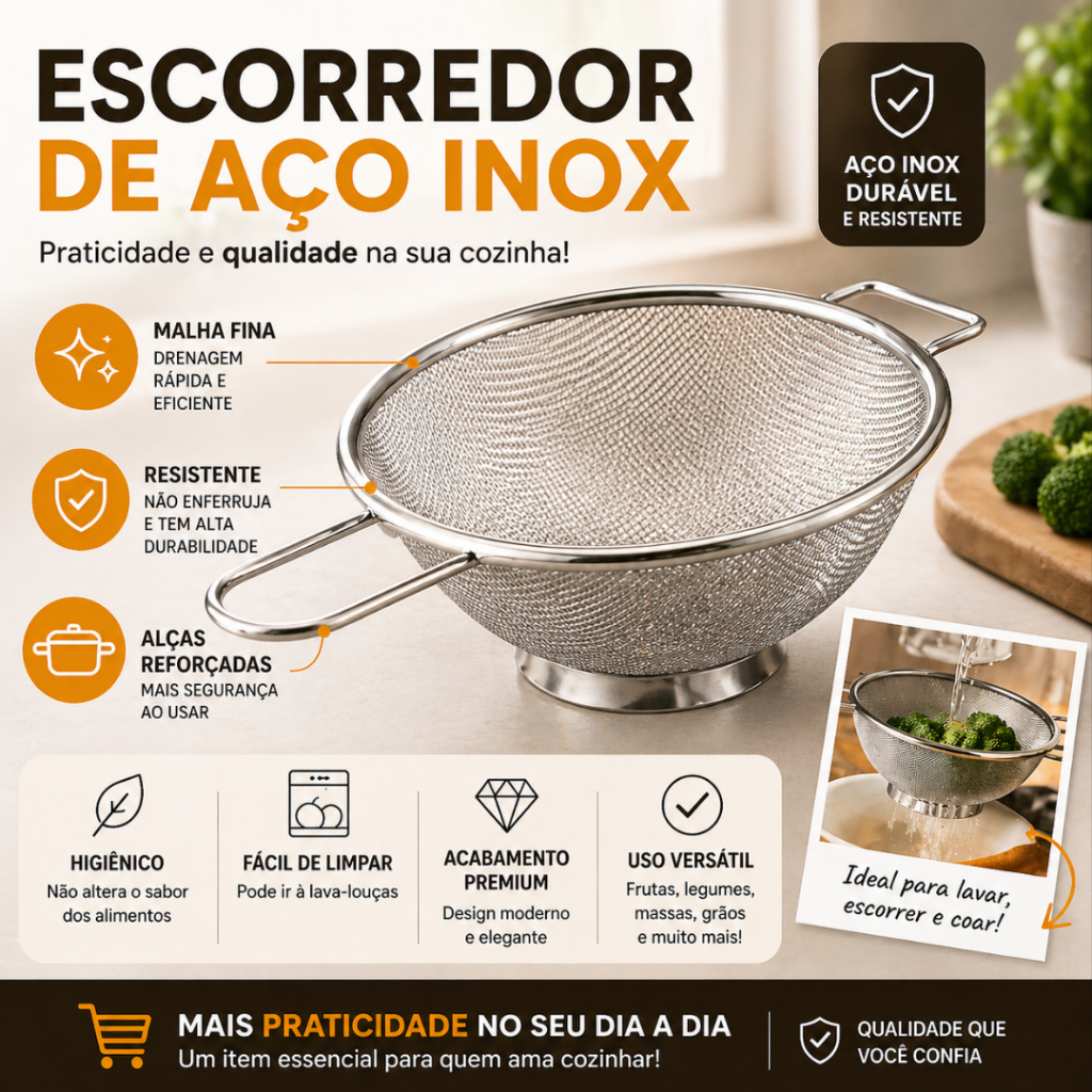 Escorredor Peneira de Aço Inox Reforçado Malha Fina Cozinha Profissional Lava Frutas Legumes Massas