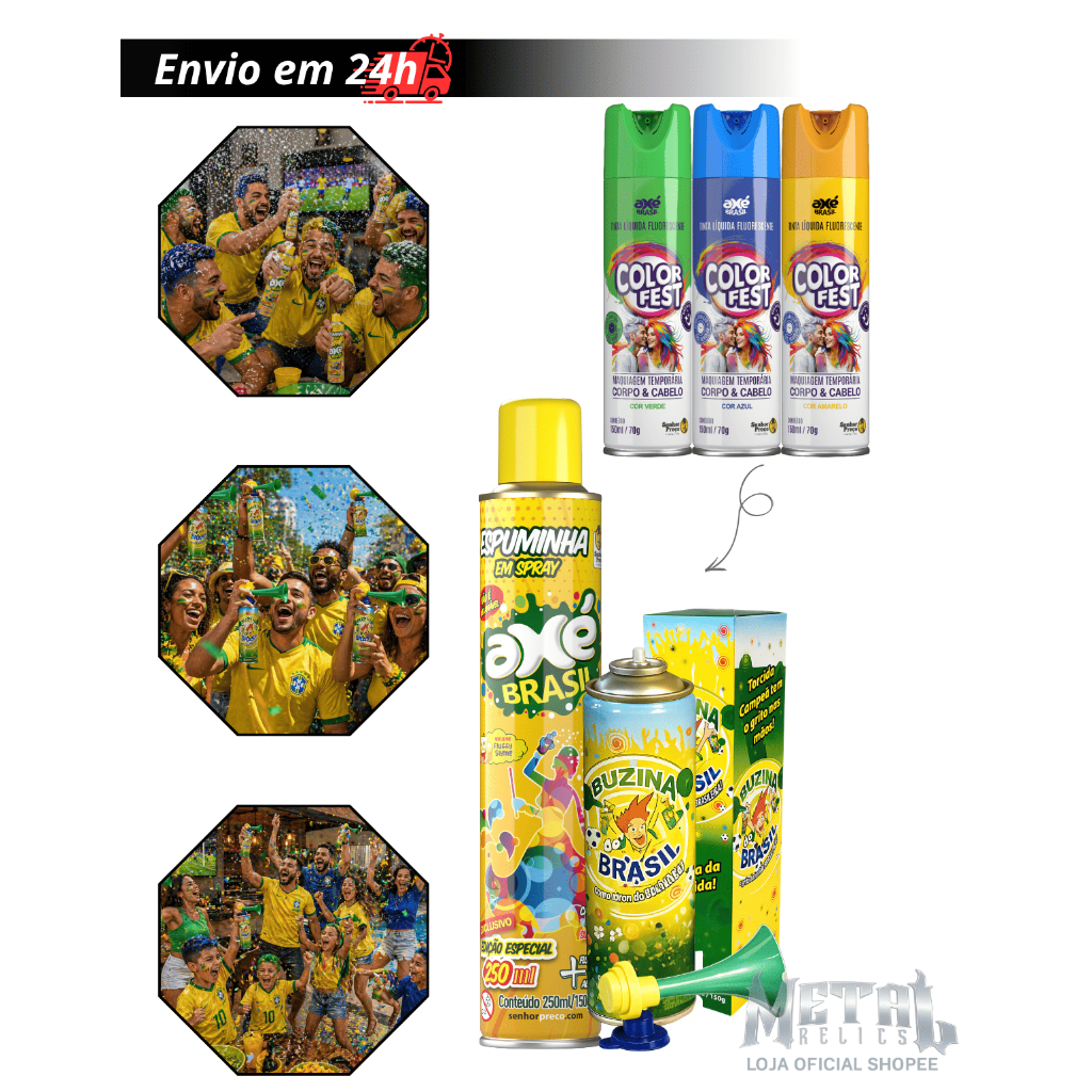 Kit Torcedor Completo 3 Tinta Spray Cabelo (Verde Azul Amarelo) + Buzina Brasil 300Ml + Spray Neve