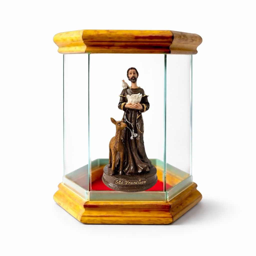 Imagem São Francisco De Assis 15cm Resina com Redoma Oratório de Vidro