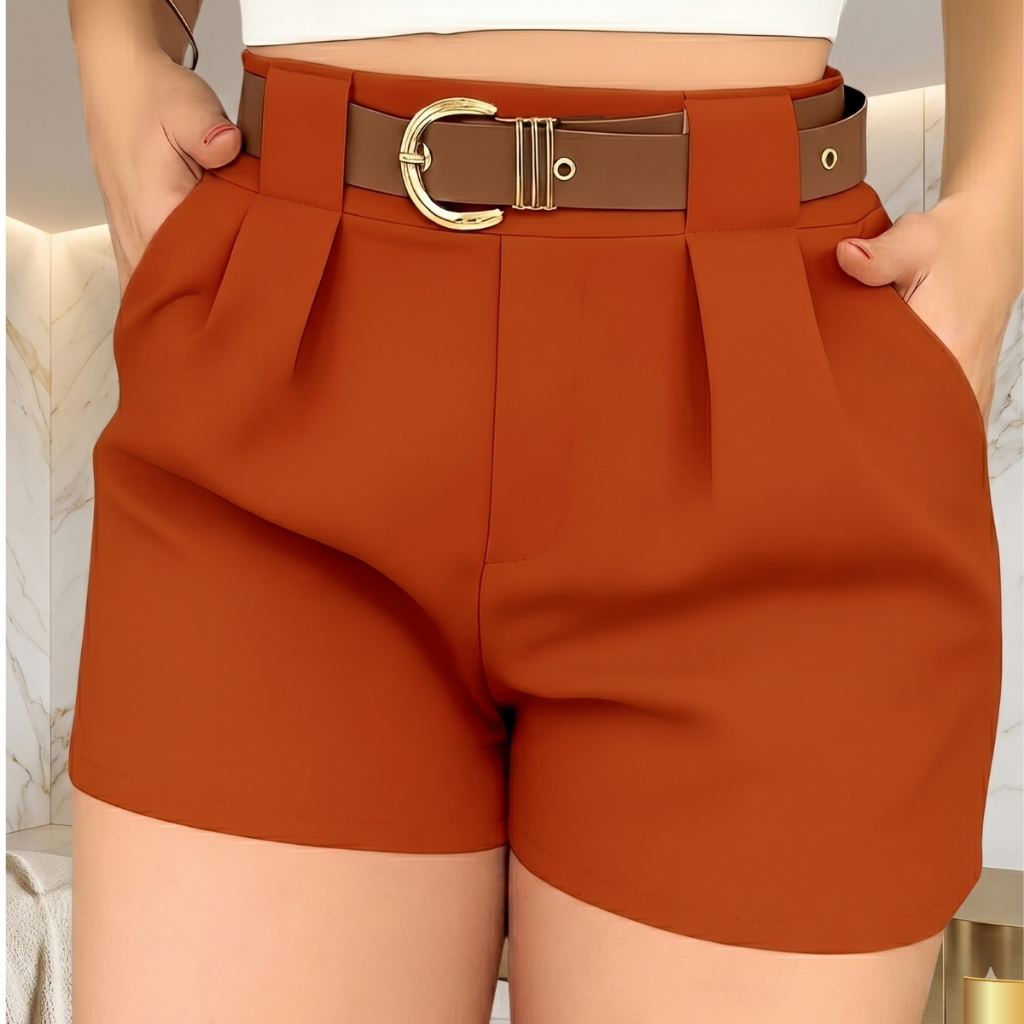 Short Alfaiataria Feminino Cintura Alta com Cinto e Bolso Social do P ao GG Envio Imediato