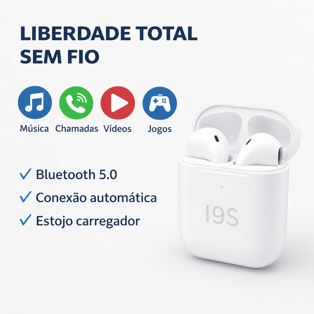 Fone Bluetooth I9S TWS Sem Fio Bluetooth 5.0 com Estojo Carregador Android iPhone Branco
