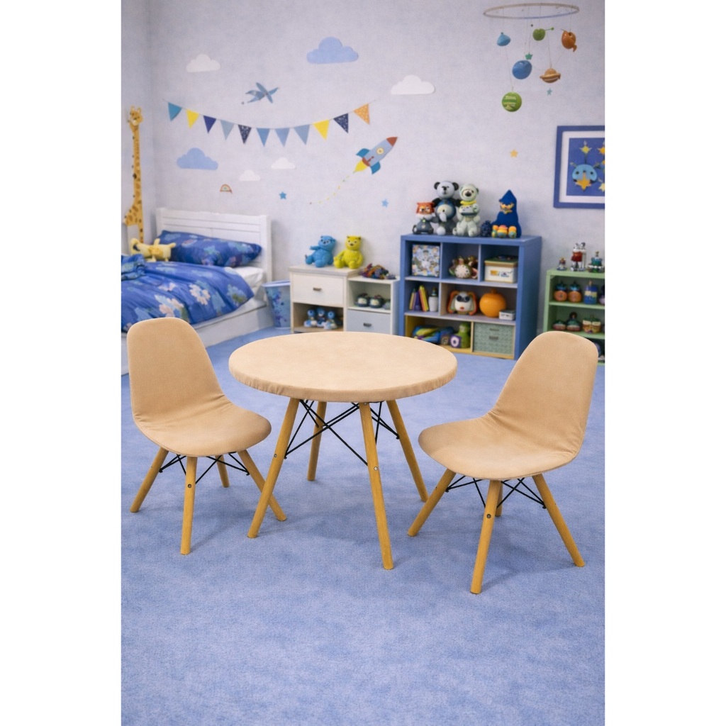 Kit 3 Peças Kids - 1 Toalha de Mesa Redonda 60cm + 2 Capas para Cadeira Eiffel Infantil - Malha Gel