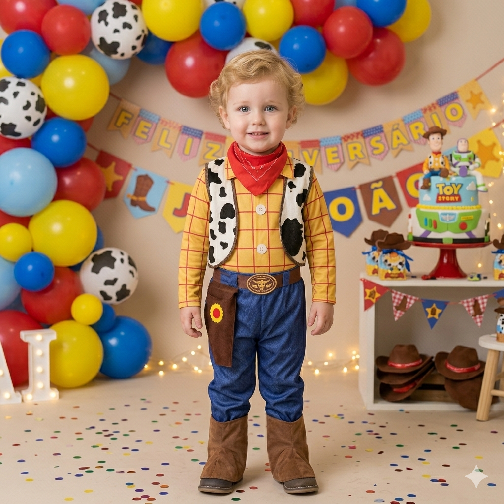 Fantasia Infantil Cowboy Woody Menino Luxo Completa Colete Lenço Capa Bota Aniversário Festa