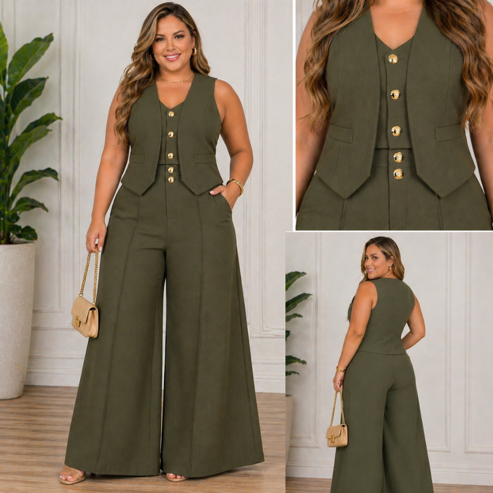 Conjunto Feminino Calça e Colete liso Decote V Com Botões dourado social Alfaiataria Marrante chega hoje en 24 horas