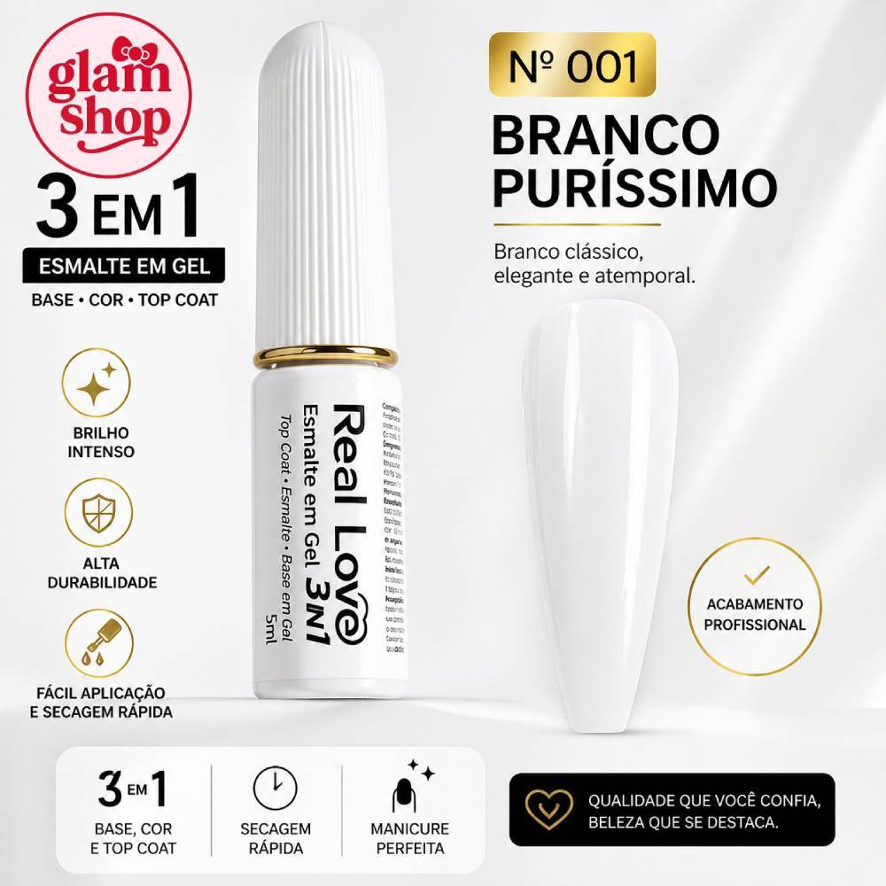 Esmalte Gel 3 em 1-Real Love Francesinha(Kit Completo ou Cores Avulsas) Branco Puro, Renda e Leitoso