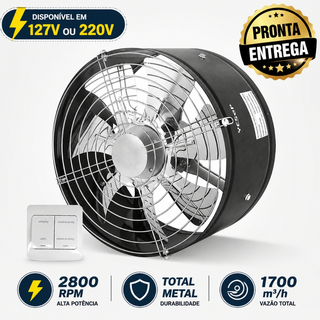 Exaustor Industrial 30cm Alta Pressão 2000m³/h – Motor Cobre Alta Vazão para Restaurante, Churrasqueira e Cozinha Yesop