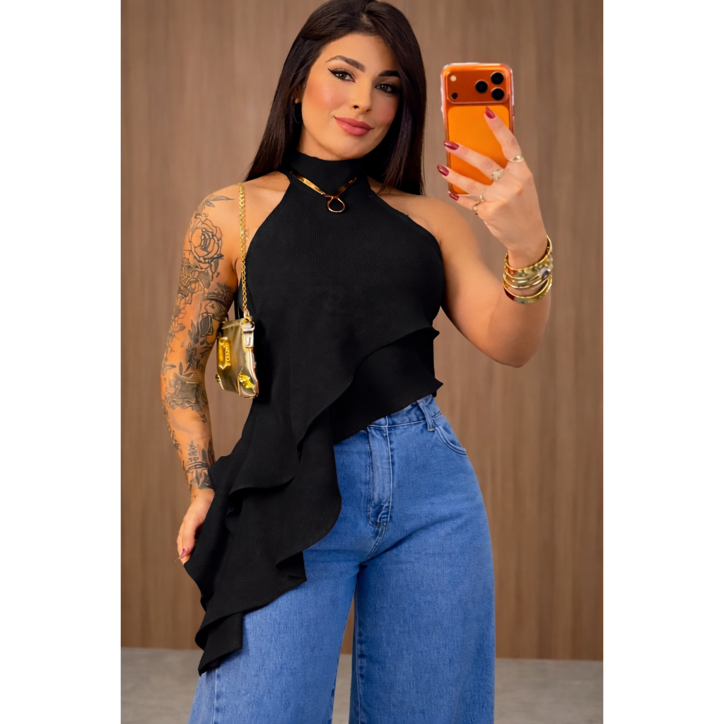 Blusa Regata Feminina Gola Alta Estilosa Elegante Tecido  Dunas Premium Liso