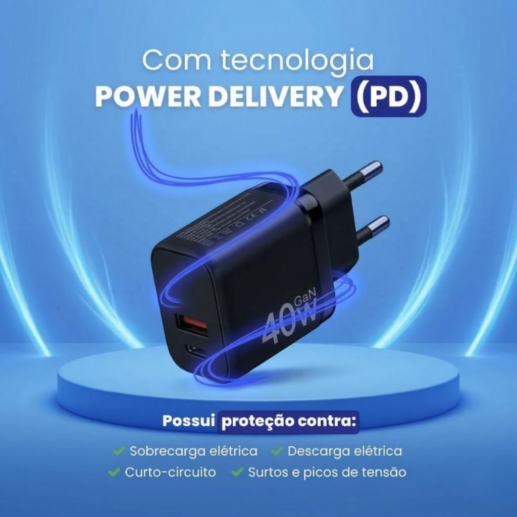Carregador Turbo Duplo 40W USB e USB-C Tipo C Bivolt Preto Compatível Android e iOS — imagem 2 de 2