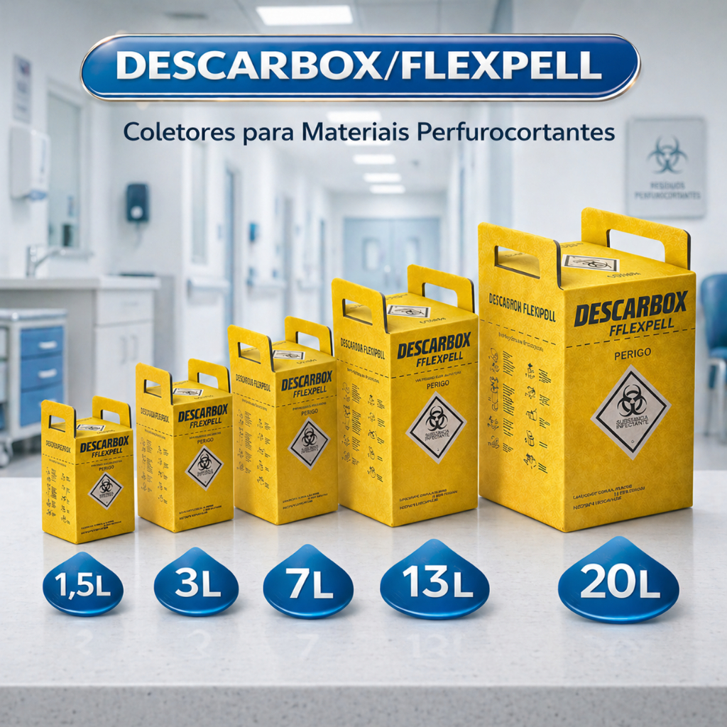 Caixa Coletora Perfurocortante Descarbox/Flexpell 1,5L 3L 7L 13L 20L Uso Hospitalar e Clínico