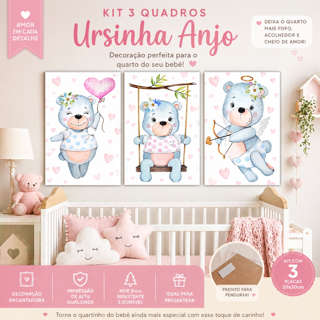 Kit 3 Quadros Infantil Ursinha Anjo Rosa – Decoração Quarto Bebê Menina 20x30 MDF