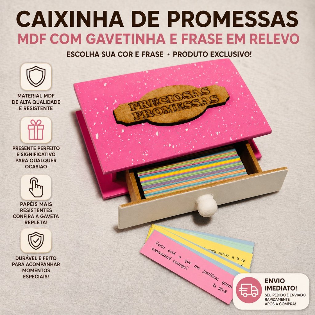 Preciosas Promessas De Deus | Caixinha De Promessas MDF com Gavetinha e Frase Em Relevo p/ Presentes