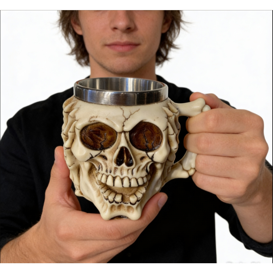 Caneca Xícara Chopp Viking Resina Aço Inox Presente Surdo 350ml Decorativo