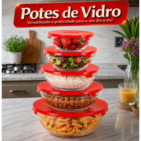 Conjunto 5 Potes Vidro Hermetico Sortidos Tampa Vedacao Variedade Tamanhos Organização Alimentos