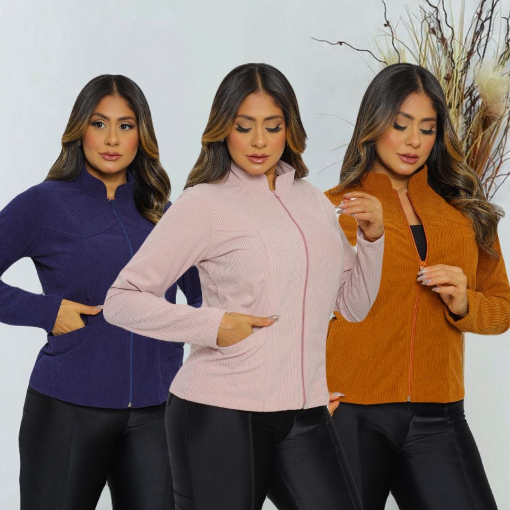 Jaqueta Feminina Cotelê Veludo Com Ziper e Bolso Inverno/Outono/meia-estação