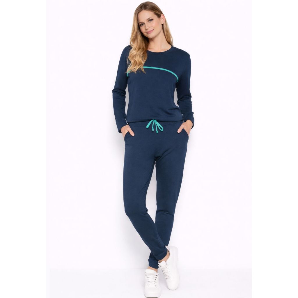 Conjunto Feminino Jogger Marinho com Viés Verde Viscolycra Confortável Calça e Blusa Manga Longa