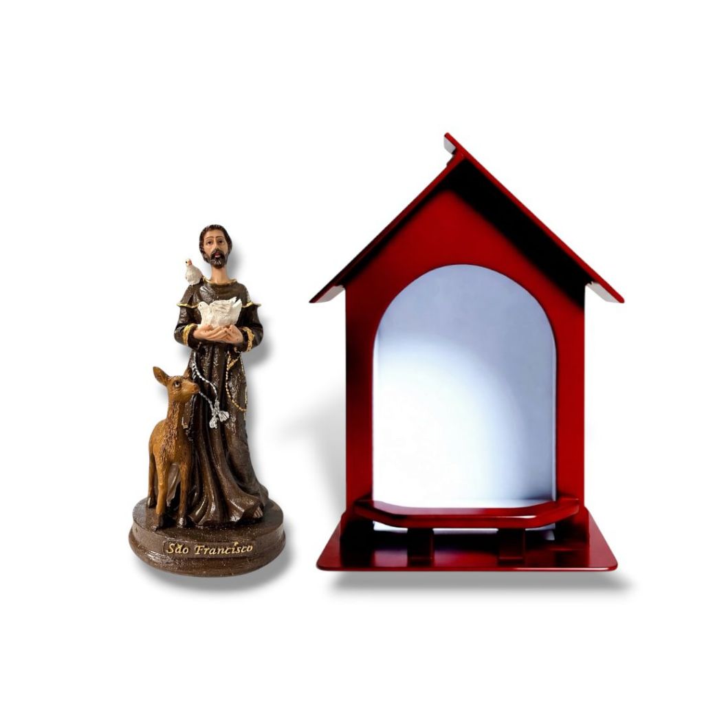 Imagem São Francisco Resina 15cm com Oratorio Capela Madeira Marrom Decorativa