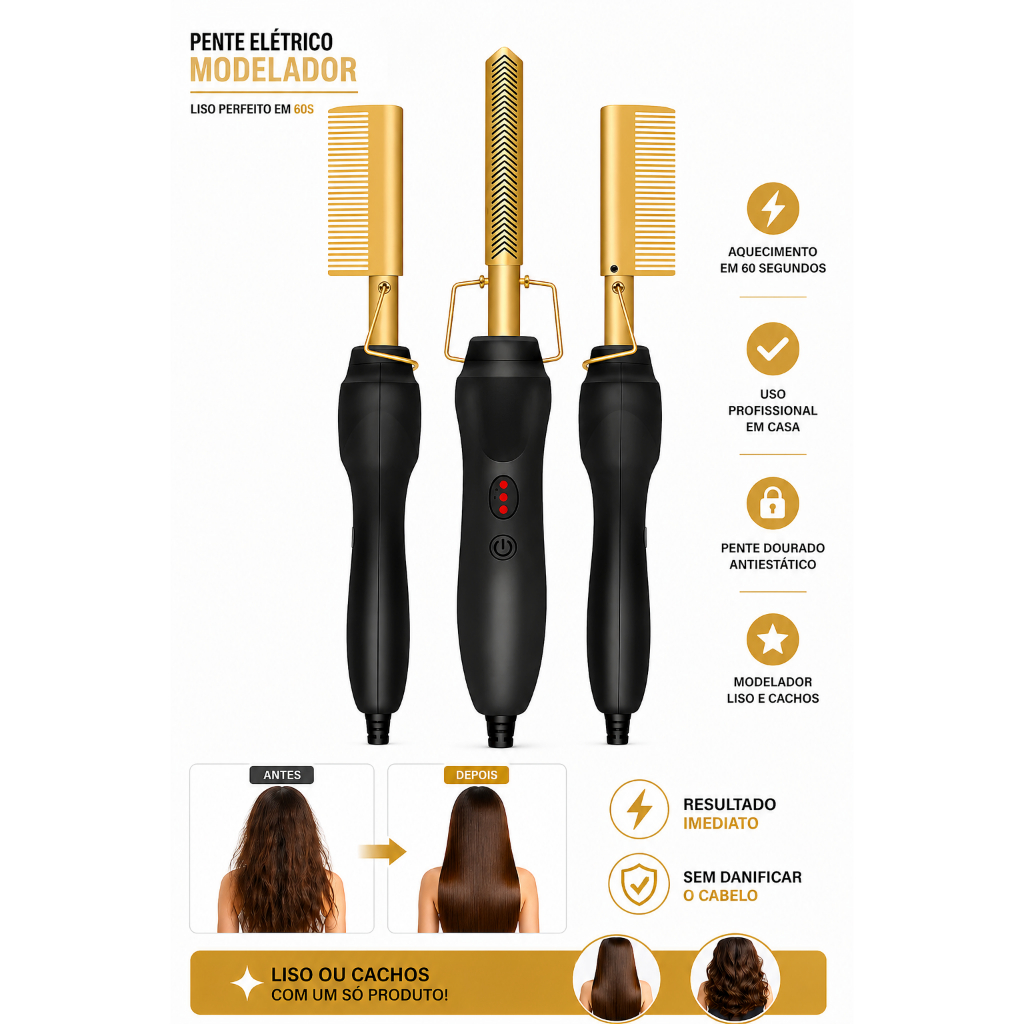 Pente Eletrico Modelador Alisador Cabelo Aquecimento Rapido Uso Profissional Domestico Bivolt