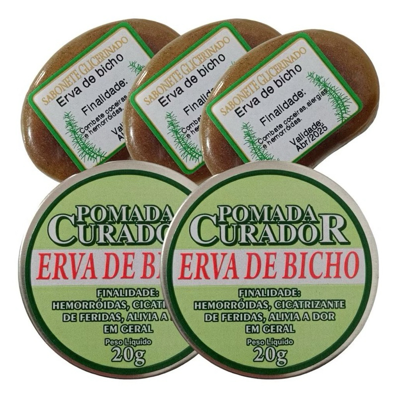 3 sabonetes erva de bicho glicerinado (60g cada) + 2 pomadas erva de bicho (20g cada) - coceiras, alergias, hemorróidas.