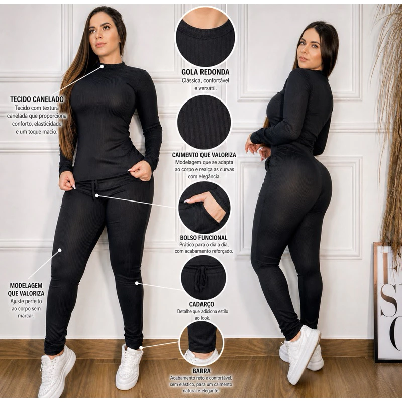 Conjunto Feminino Canelado Manga Longa + Calça Skinny | Conforto e Estilo