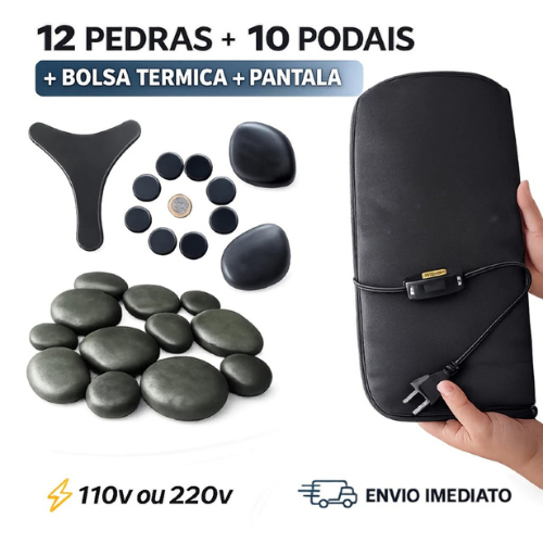 Kit 12 Pedras Quentes Vulcânicas Corporal + 10 Podais  + Bolsa Térmica + Pantalinha