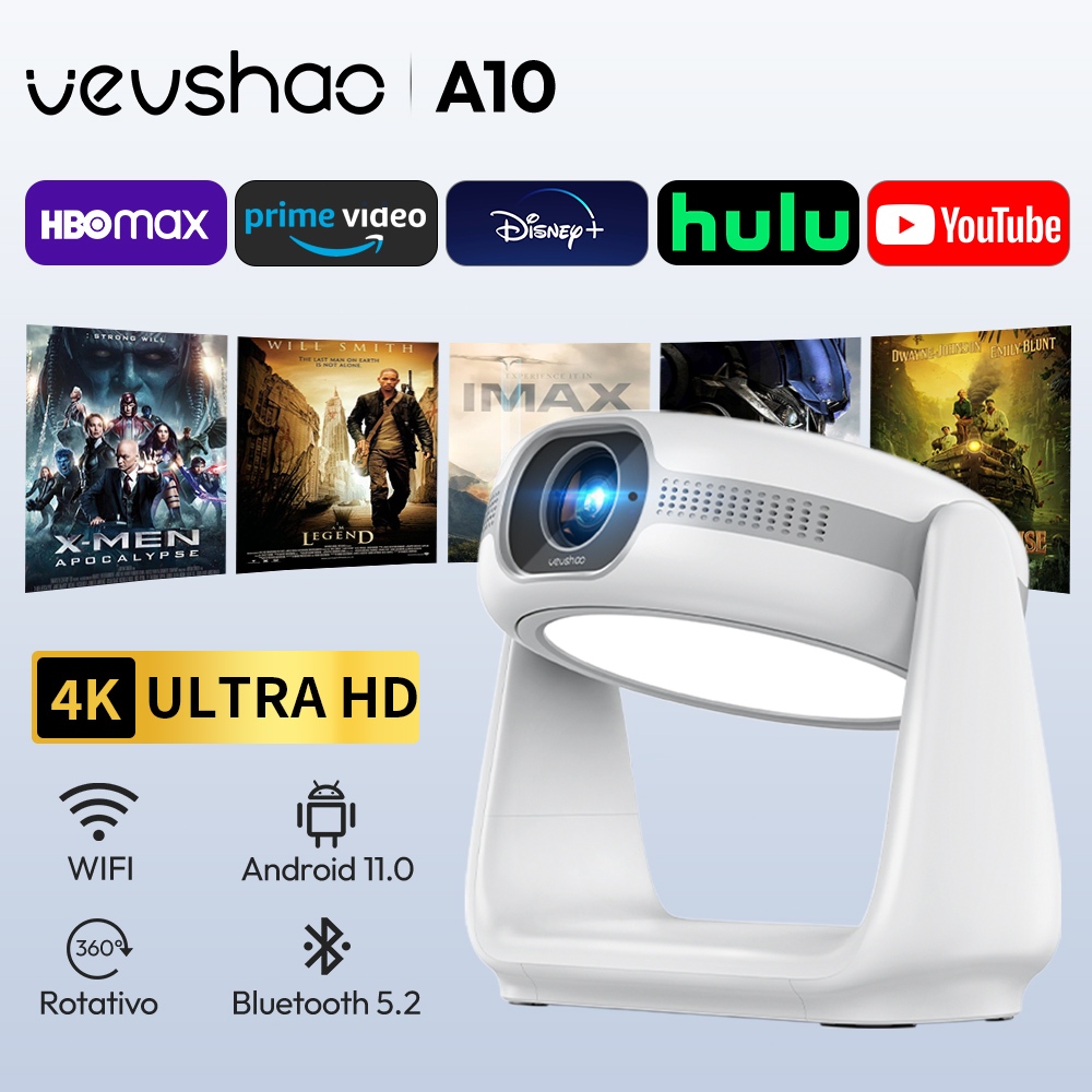 Projetor VEVSHAO A10 1280x720 380 ANSI Android 11 Foco Auto Bluetooth Speaker Função Luminária
