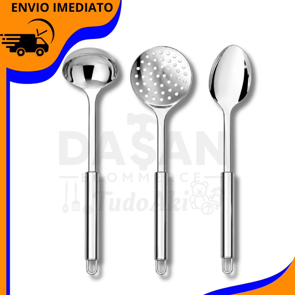 Kit 3 Utensílios De Cozinha Inox Premium Completo, Colher, Concha, Escumadeira