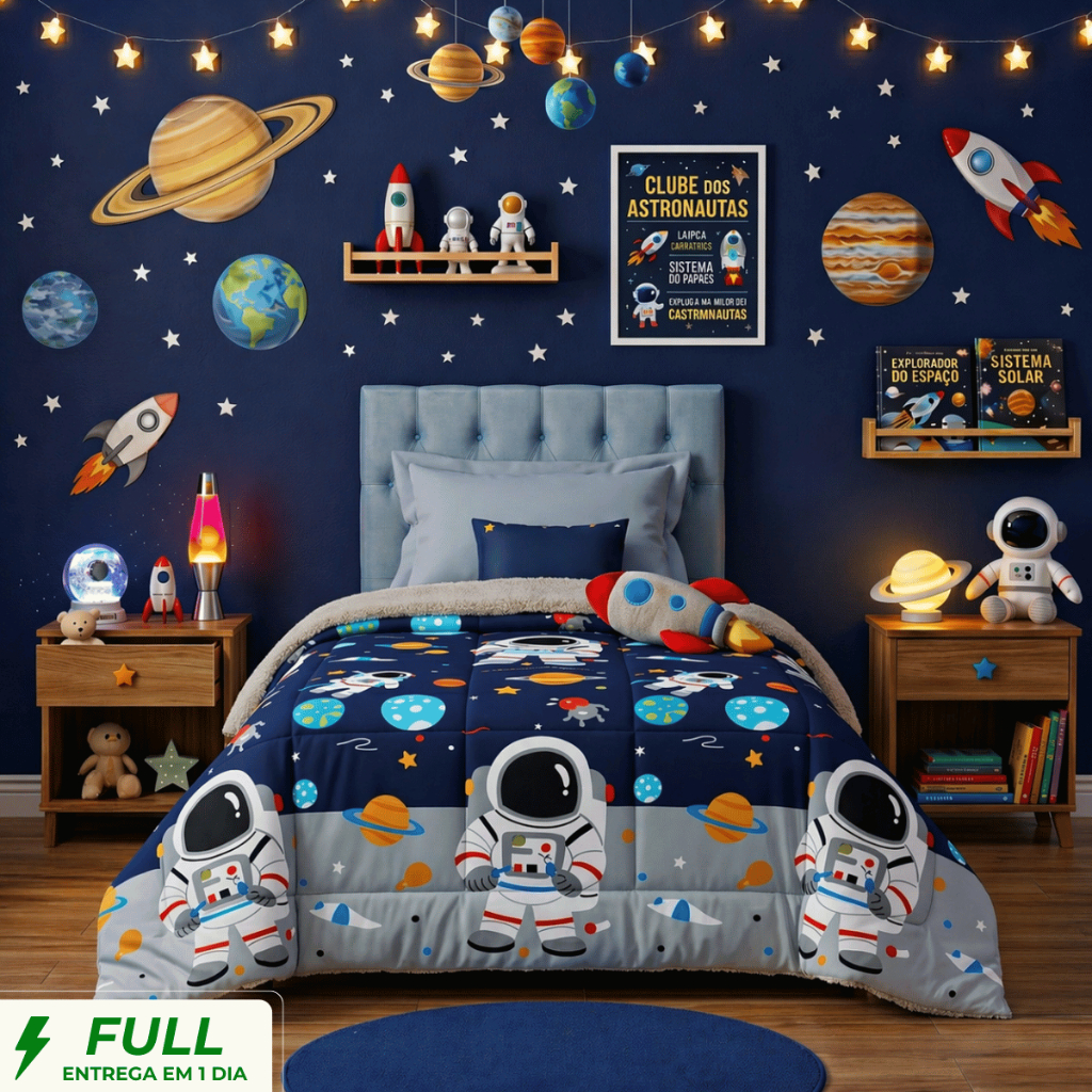 Coberdrom Cobertor Infantil Astronauta Solteiro Sherpa Plush Blend 3 Camada Macio Quentinho Cacintex