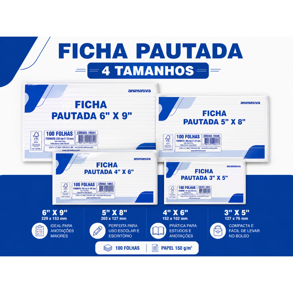 Ficha Pautada ou Flash Cards - Bloco com 100 Folhas