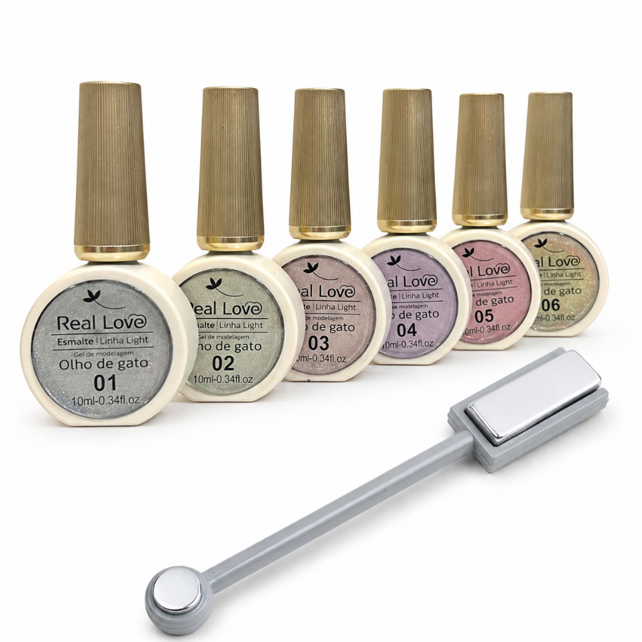 Kit 6 Esmaltes em Gel Magnético Olho de Gato Real Love + Imã Real Love