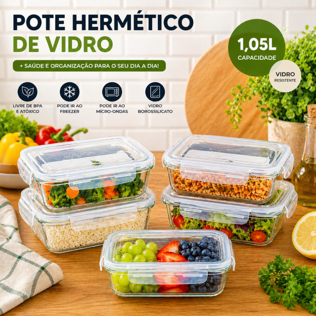 Pote Hermético de Vidro 1,05L Retangular com Tampa – Pote de Vidro com Trava Marmita Organizador de Alimentos BPA Fre