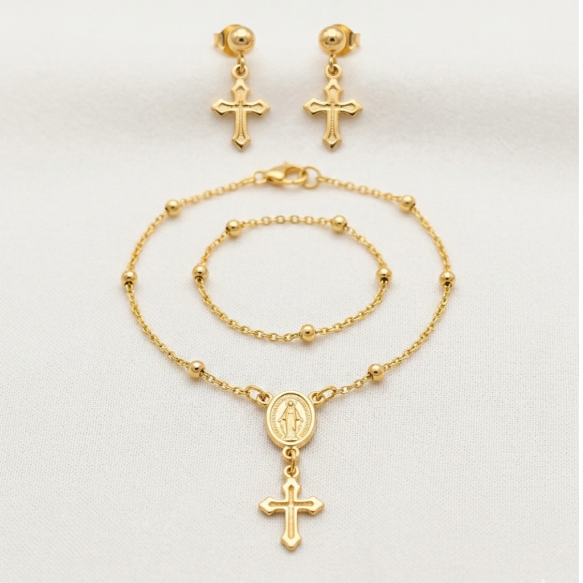 Conjunto de Brinco com Pulseira Religioso Infantil Nossa Senhora Semi-Joia Folheado Delicado