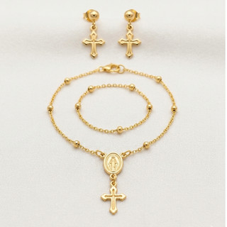 Conjunto de Brinco com Pulseira Religioso Infantil Nossa Senhora Semi-Joia Folheado Delicado